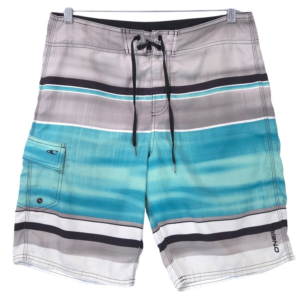 ONeill Striped Board Shorts Mens 32 Blue Grey Swim Trunks Drawstring Coastal